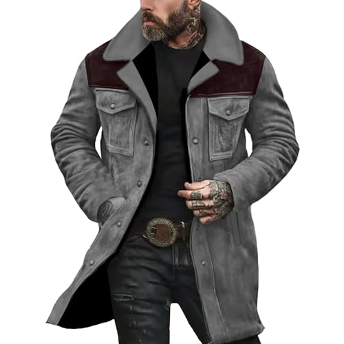 Suede Jacket Men Fall Winter Western Duster Long Coat Faux Leather Lightweight Zip Up Vintage Jackets Casual Stylish
