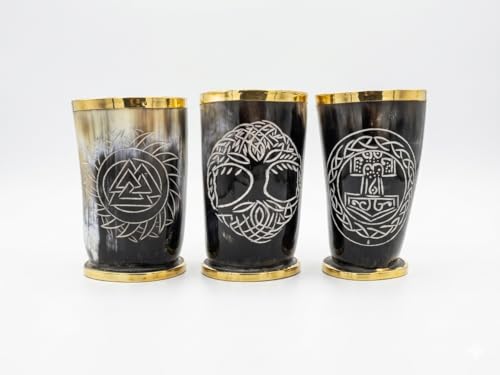 3er Hornbecher Set Gravierte Becher aus Naturmaterial edlem Kupfer-Gold-Rand Trinkgefäß für Wikinger Met Tankard OX Mugs Cup Set Viking Drinking Buffalo Wikinger Becher Mittelalter Humpen