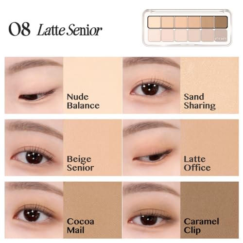 Image of CLIO Pro Eye Palette Air, 12-Color Eye Shadow Palette, Matte Shimmer Mix, Air-Fit Blendable Pigmented Buildable Color, Low Fallout, Warm Brown Nude Neutral Tone, Daily Korean Makeup (08 LATTE SENIOR)
