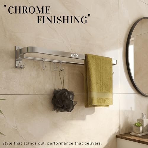 Image of GLOXY Premium Towel Hanger for Bathroom Combo Pack of 3 - Chrome Finish 24 Inch Stainless Steel Towel Holder in Bathroom - Wall Mount Towel Rod for Bathroom with Hooks to Keep Towels Well Organised