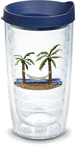 Tervis 1068055 Palm Tree & Hammock Scene Insulated Tumbler with Emblem and Navy Lid 16oz, Clear