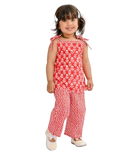 Image of Baby Girls' Dresses Cotton Clothes Top Pant Set 1 To 4 Years White Red Birthday Party Sleeveless Outfit Children Shoulder Tie Summer Wear