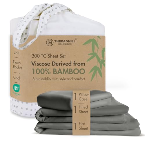 Image of Threadmill Rayon Bamboo Twin XL Sheets for Twin XL Size Bed, 3 Piece Cooling Bed Sheets Set Dark Grey - Silky Soft, Lightweight, Breathable -15 Inch Deep Pocket -Moisture Wicking & Temp Regulating | 15 inch Deep Pocket, Cooling Sheet, Breathable, Lightweight, OEKO-TEX Certified