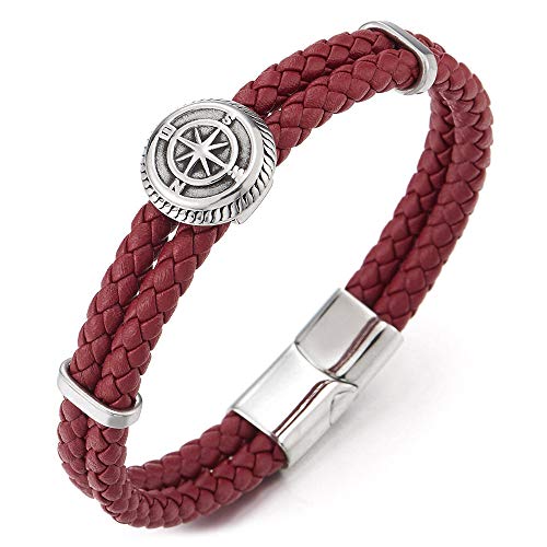 COOLSTEELANDBEYOND Mens Womens Red Braided Leather Two-Row Bracelet Bangle with Stainless Steel Compass Charms