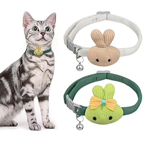 YONGQING Cat Collar with Bow Tie, Bunny Kitten Collar with Bell,Safety Buckle Cat Collar, 2 pcs Soft Tartan Collar, Cute Plaid Adjustable Cat Bow Tie Collar for Kitten Rat Puppy (beige + green) Cover