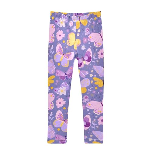 Cartoon Butterflies Floral Purple Girls Leggings Soft Stretch Workout Yoga Dance Pants for Kids Casual Tights