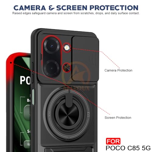 Image of Poco C85 5G Back Cover | Armor Camera Slider 360 Degree Rotating Finger Ring Holder Case with Bracket Stand Back Case Cover (Compatible with MagSafe Accessories) (Black)