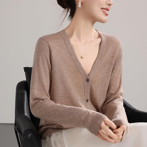 Image of Women's 100% Merino Wool Lightweight V-Neck Cardigan Sweater Button Down Long Sleeve Knitwear Outwear Tops
