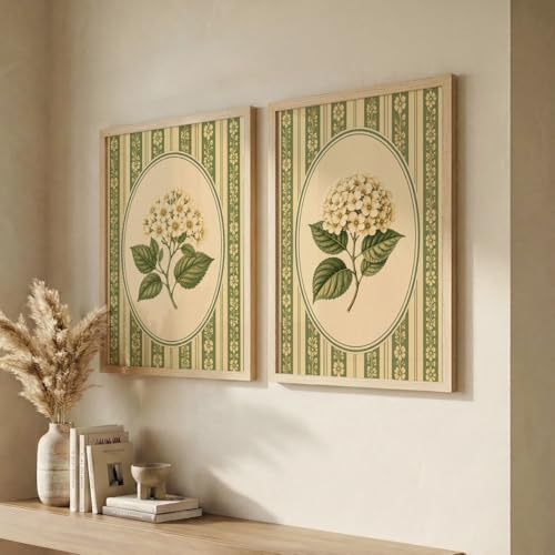 Image of NoWorries Vintage Botanical Wall Art Set of 2 Framed Floral Prints for Living Room Bedroom Office | Green Cottagecore Wall Decor with Wooden Frame (Art-5, 25x37inch)