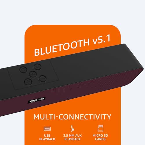Image of amazon basics 16W Bluetooth Soundbar Speaker with 1200mah Battery, BT v5.3, Aux, USB Port for Mobile, PC, Tablets, and Laptops (Black-Maroon)