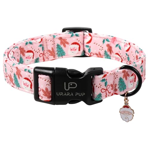 Image of Xmas Dog Collars - Pink Christmas Tree & Santa Dog Collar with Gingerbread- Comfortable, Stylish Pet Collars with Quick Release Buckle for Christmas M
