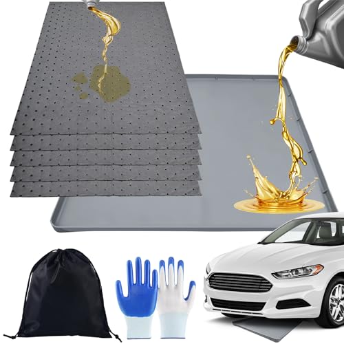 8 Pcs Oil Drip Pan For Under Car Set With Raised Edge and 5 Large Oil Absorbent Pads Storage Pouch & Gloves Waterproof No Splatter Reusable Oil Tray 27 X 27 In Oil Spill Mat For Garage Floor