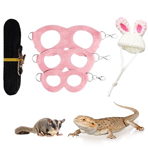 Image of Bearded Dragon Harness and Leash with Bunny Ears Set, Bearded Dragon Hats, Reptile Leash and Cute Hat, Costume Small Reptile Supplies for Gecko Squirrel (Pink Bunny)