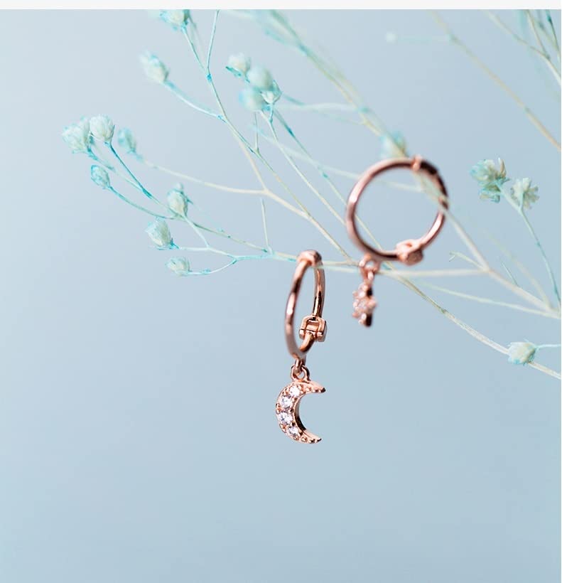 Boucle d'oreille étoile lune anti-allergie en argent 925 pour oreilles sensibles