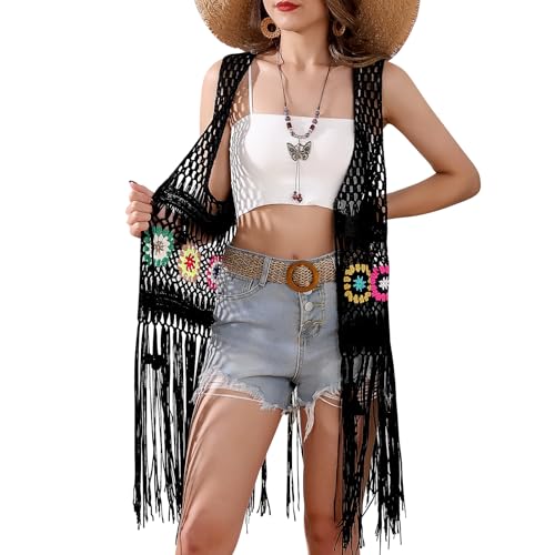 Image of Women's Floral Crochet Hollow Out Sleeveless Fringe Boho Retro-Look Handmade Cardigan Vest Tassels