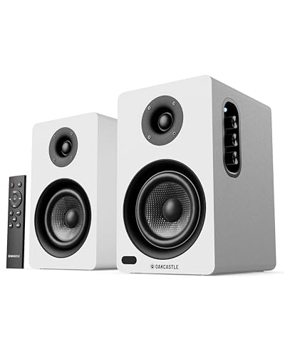 Oakcastle BK100 Lautsprecher Boxen Bluetooth 5.4 | 60W 2.0 Regallautsprecher | HiFi Lautsprecher für Fernseher mit HMDI ARC | Desktop PC-Lautsprecher für Gaming mit Inklusive Fernbedienung (Weiß)