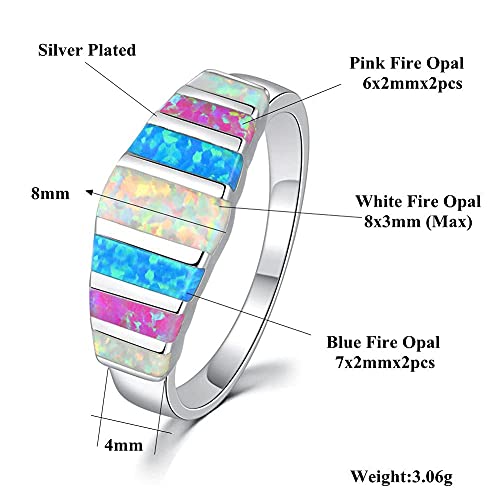 Cinily Women's Opal Rings,Create White Blue Pink Fire Opal Silver Plated Gemstone Ring Size 8 #TOP1