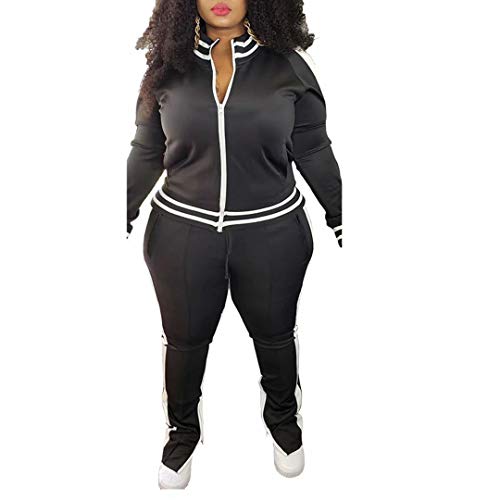 Women's Plus Size Jogging Suits Tracksuits Two Piece Stripe Cold Shoulder Sweatshirt & Long Pants Sweat Suits Sets Black 5X