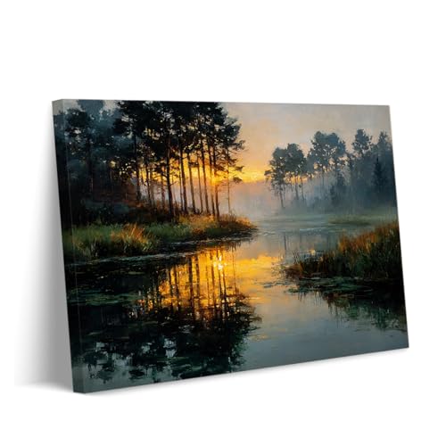 Peinture sur toile impressionniste d'un lac au crépuscule 40x60cm encadrée