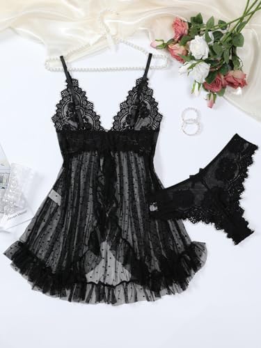 Image of Foxiny Sexy Open Front V Neck Ruffle Sheer Mesh Lace Wireless Babydoll Lingerie Dress with Thong 2 Piece