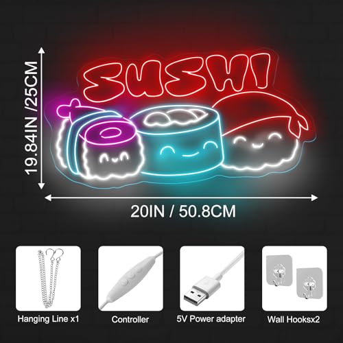 Image of Sushi Neon Sign, Japanese Sushi Neon Light, Sushi Food Led Light, Kitchen Wall Art Sign, Japanese Restaurant Wall Decor, Sushi Shop Restaurant Kitchen Home Neon Decor, Club Party, Sushi Lovers Gift