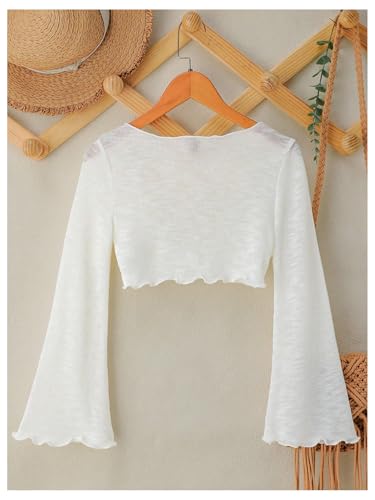 OYOANGLE Girl's Beach Cover Ups Bell Long Sleeve Tie Front Shrugs Lettuce Trim Lightweight Cropped Cardigans2