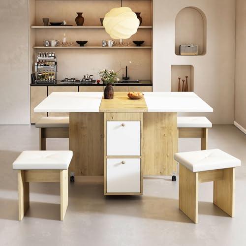 Crlnaup Juego de mesa de comedor (con mesa de comedor, 4 sillas), mesa de comedor plegable, 120 x 80 x 75 cm, sillas de comedor extensibles multifuncionales, color blanco + roble