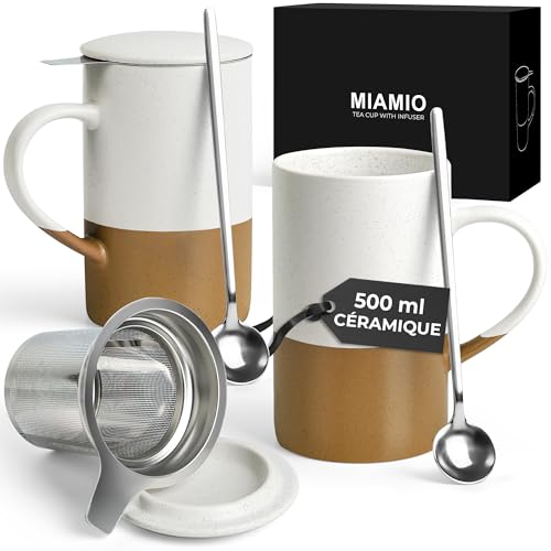 MIAMIO - Set de tasses à thé 2 x 500 ml avec infuseur et couvercle/Tasse de thé en céramique avec infuseur et cuillère pour l'infusion de thé en feuilles (Marron)