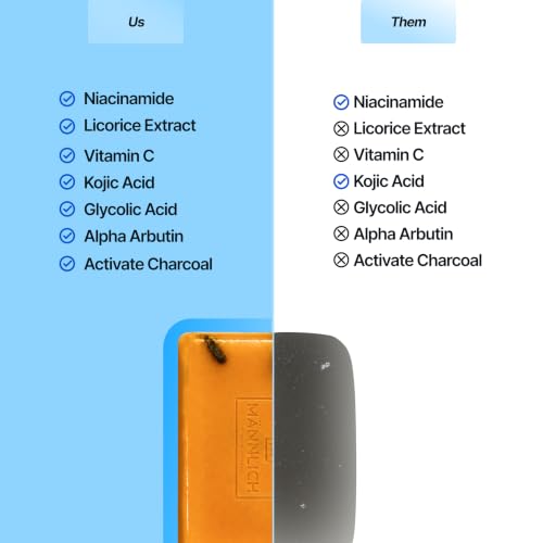 Image of Mannlich 2% Kojic Acid Exfoliating Soap with Alpha Arbutin, Glycolic Acid, Niacinamide & Activated Charcoal | For Pigmentation, Dark Spots, Tan Removal, Brightens Underarms | pH Balanced, SLS Free, Dermatologically Tested | 75 g (Pack of 2)