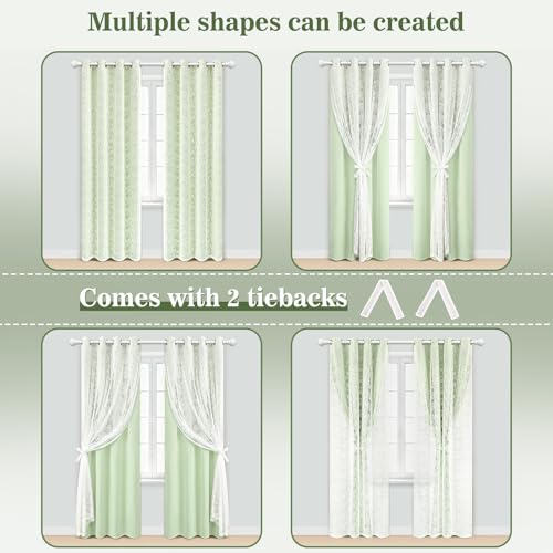 Image of Yinhua Green Curtains for Living Room Blackout Curtains for Bedroom 84 Inches Long Double Layer Curtain with Tiebacks, Thermal Insulation Grommet Drapes for Nursery Dining Room, 52 inch W x 84 inch L