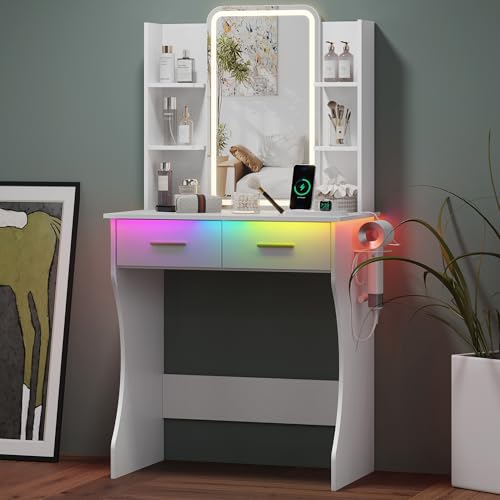 Image of HUANLEGO Small Pink Vanity Desk with Mirror and Lights for Women Girls | Vanity Mirror with Lights, 3 Lighting Adjustable, LED Light Strips, Built-in Power Outlet, Compact Dressing Table For Girls