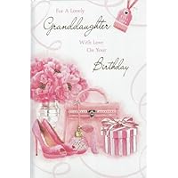 Occasions Express Granddaughter birthday card pink flowers shoes bag and gift box design with gold floil finish.