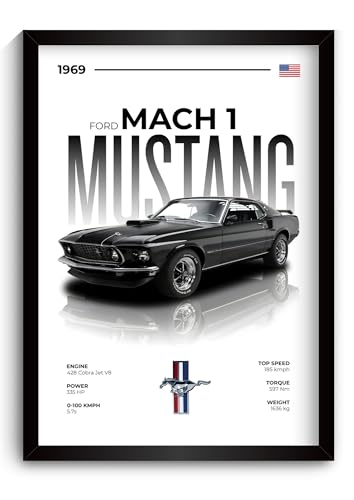 Image of Mustang Poster | Framed 1969 Mustang A4 Sized (31 x 23 cm) | Muscle Poster for Wall, Gift for Boys, American Muscle Car Frames | Car Posters for Wall, Bedroom, Hostel, Study Area, Hostel (F 019)
