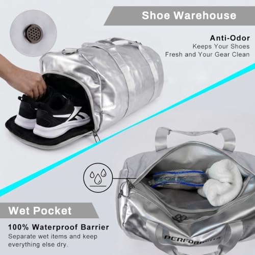 Image of PALAY Gym Bag for Women Silver PU Leather Travel Bags with Shoe Compartment and Wet Pocket Waterproof Large Capacity Duffel Bag for Sports, Swimming, Weekend and Overnight Use