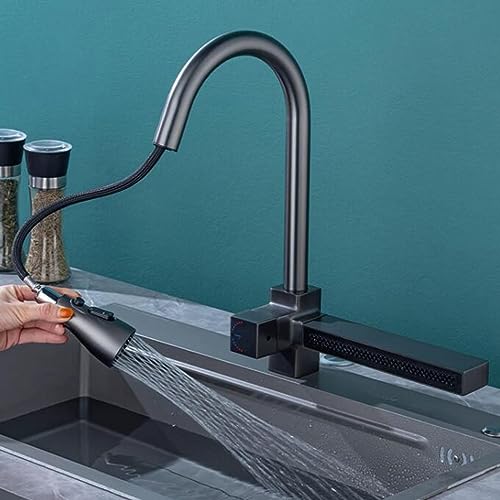 Mitigeur cuisine cascade gris avec douchette extensible en laiton