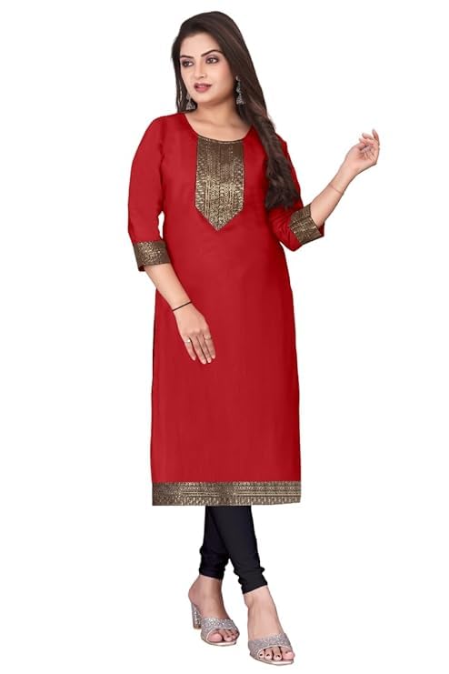 Image of Elegant red Straight Kurti with Golden Embroidered Yoke, Three Quarter Sleeves and Classic Border Detailing for Festive, Office and Everyday wear