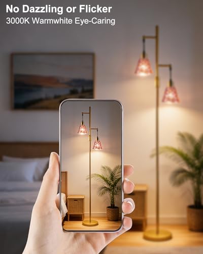 Image of 2-Light Modern Glass Floor Lamp, Gold Standing Tall Lamp with Deep Red Shell Glass Shade, Dimmable LED Floor Lamp with 5Lbs Heavy Base for Living Room Bedroom Home Decor, Bulb Included