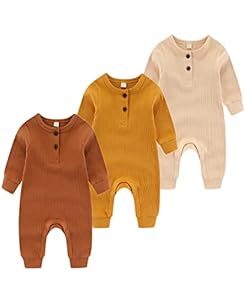 Chamie Baby Romper Newborn Knitted Jumpsuit Long Sleeve Baby Boys Girls Footless One-Piece Suit 0-24 Months, 3 Pcs, Yellow, Brown, Almond