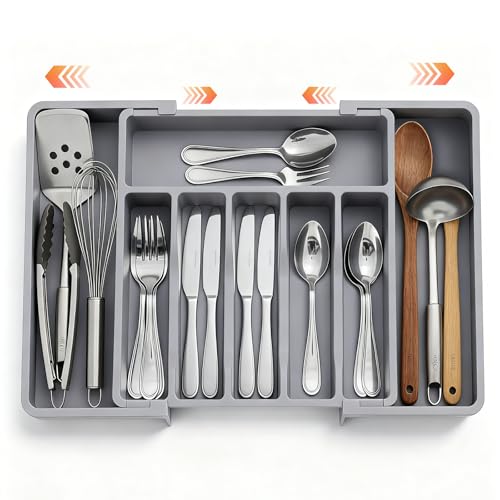 Large Expandable Silverware Organizer for Drawer, Utensil Drawer Organizer Holder with 2 Removable