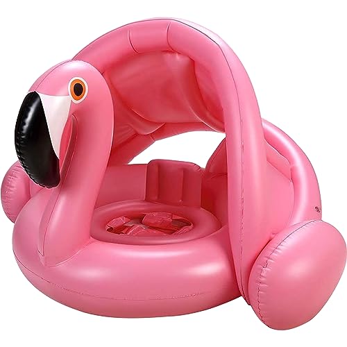 Flamingo Baby Pool Float with Canopy UPF 50+,Toddler Pool Float with Removable & Adjustable Sunshade,Inflatable Baby Swim Float with Back Holder for 8-36 Months Girls Boys Summer Essentials