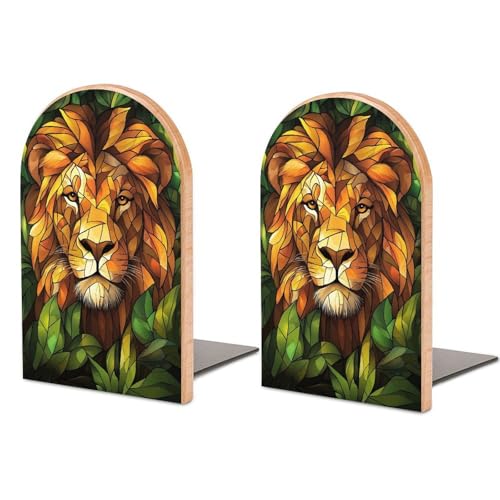 Sujetalibros de madera majestuoso con cara de león, 2 soportes resistentes para libros, organizador de escritorio para bibliotecas de oficina en casa