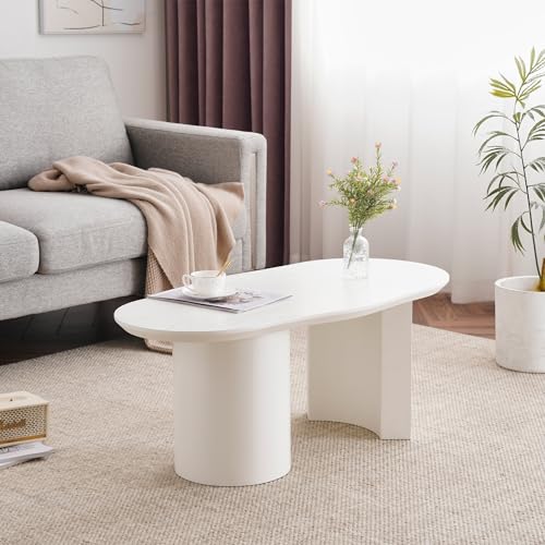 Pangshiyuan Mesa de centro blanca de 100 cm de largo, resistente y duradera, tablero de fibra de densidad media, superficie brillante, diseño irregular, mueble moderno con curvas elegantes para sala