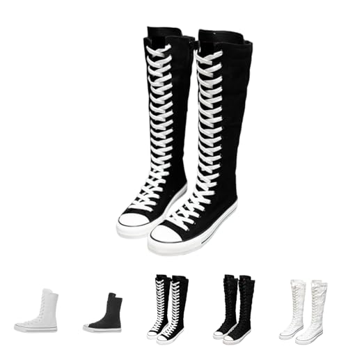 Women's Gothic Canvas Knee High Boot Lace Up Side Zip High Dance Boots Teen Girls Punk Y2K Sneaker Boots School Shoes