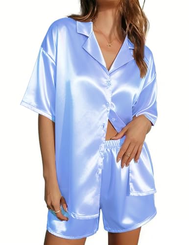 Image of Ekouaer Womens Silk Satin Pajamas Set Short Sleeve Sleepwear Button Down Top and Shorts Loungewear 2 Piece Pjs Set