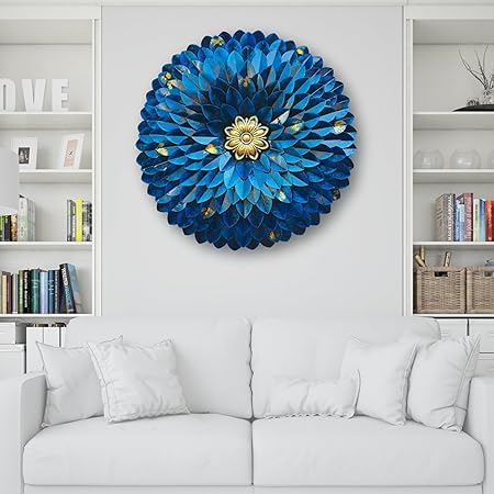 RSN Retro Style Metal Handpainted Rustic Iron Wall Hanging of Blue Flower Art Sculpture for Home Office Wall Decor/Wall Hanging (24 x 24 Inches)