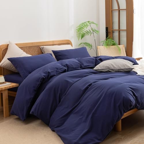 Image of BESTOUCH Cotton Solid Duvet Cover Set Linen Feel Navy Blue Super King | 100% Washed Cotton, Soft Wrinkle Texture, Hidden Zipper, 8 Ties, Breathable Lightweight Durable Comfy, 3 Pcs No Insert