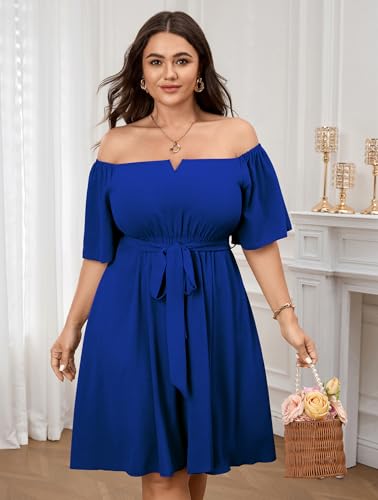 Image of SCOMCHIC Womens Plus Size Cocktail Dress Summer Off Shoulder Short Sleeve Flowy Ruffle A-Line Cute Mini Dress with Belt