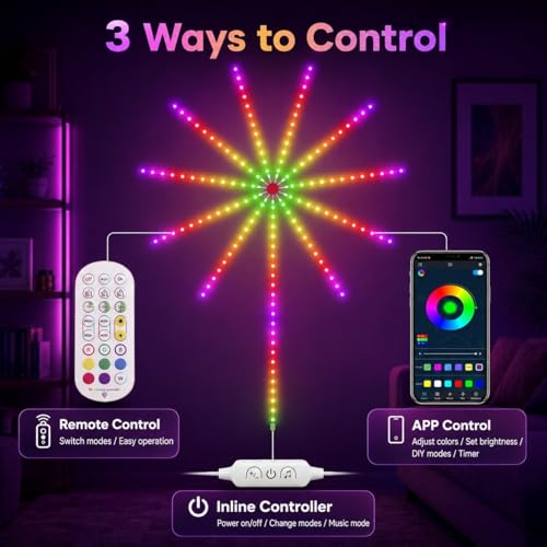 Image of MORIACC Smart Firework LED Lights, Color Changing Lights for Bedroom with Realistic Blooming Visuals, USB Powered Room Decor, App & Remote Control, Music Sync Strip Light for Party(11.8 inches)