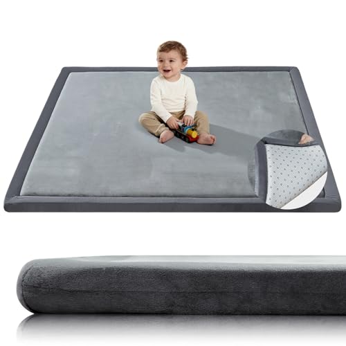 Image of Baby Play Mat for Floor,1.3"Thick Padded Foam 50x50 playpen mat,Soft Velvet,Tummy Time Foam Mats,Nursery Rug for Baby Crawling,Toddlers,Infants,Kids,Yoga,Tatami,Dark Grey