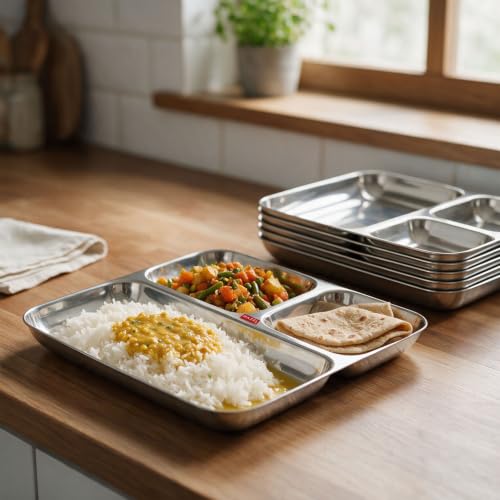 Image of HAZEL 3 in 1 Section Plate Set of 6 | Stainless Steel Dinner Section Thali